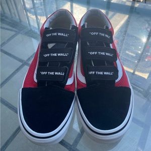 Black red and white, checkerboard Velcro vans.